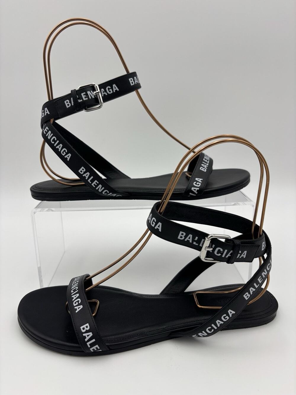 Authentic Balenciaga Logo Print Ankle Strap Sandal Black White Size 38 Flat